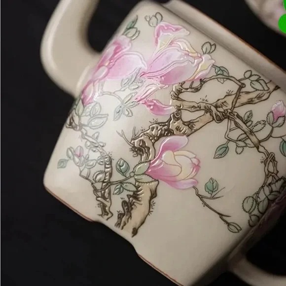 Magnolia Flower Square Teapot, 6.75oz Ru Kiln Xi Shi Style Ceramic,Pink Flowers. - Picture 3 of 6